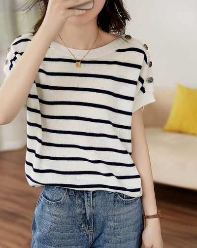 Blusa Rayada Ice Silk Manga Corta Ajustada y Cubriente - Image 6