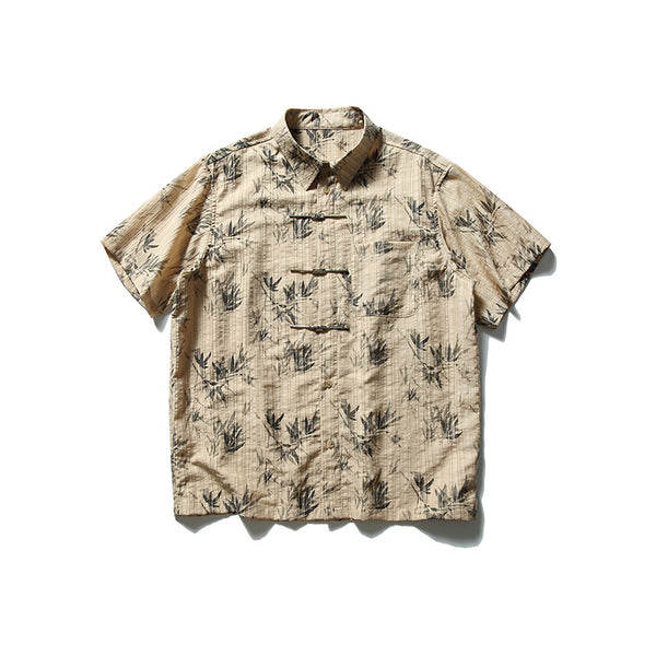 Camisa de Manga Corta con Nudos Chinos y Estampado de Hojas de Bambú
