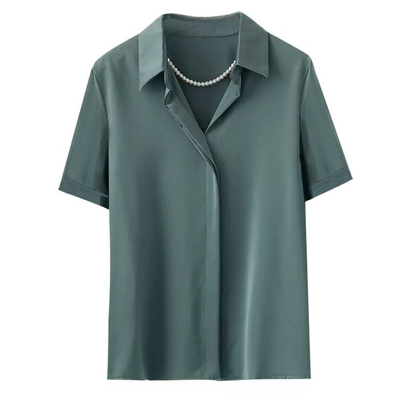 Blusa Satinada de Manga Corta con Cintura Alta para Mujer