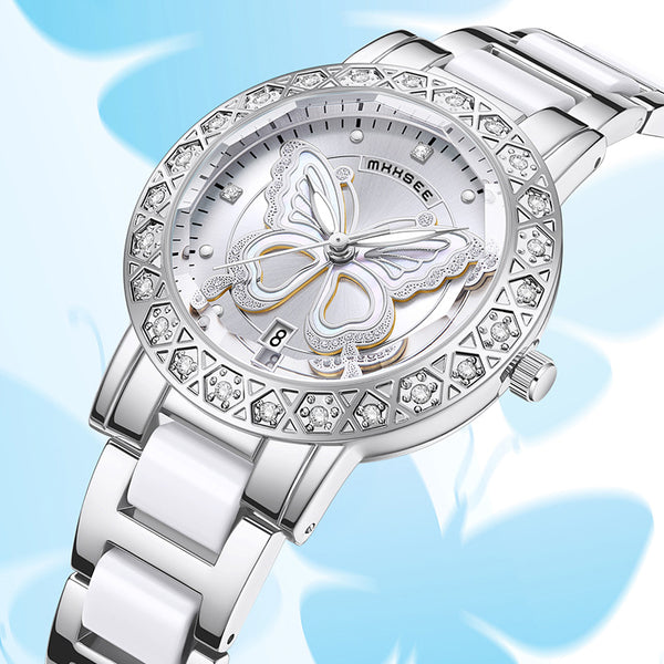 Reloj de Lujo para Mujer con Diamantes y Calendario - Acero Inoxidable