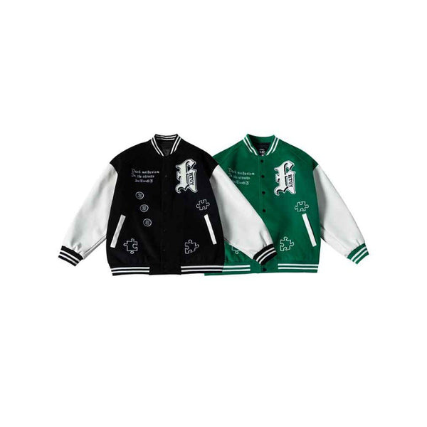 Chaqueta Universitaria Hip Hop con Mangas de Cuero y Bordados