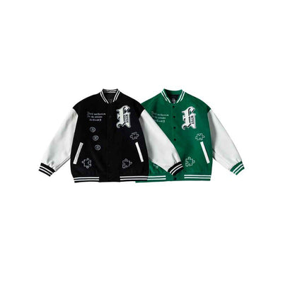 Chaqueta Universitaria Hip Hop con Mangas de Cuero y Bordados - Image 2