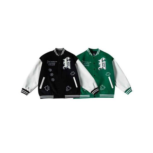 Chaqueta Universitaria Hip Hop con Mangas de Cuero y Bordados - Image 2