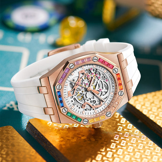 Reloj Automático para Hombre con Banda de Silicona Arcoíris y Diamantes - Image 17