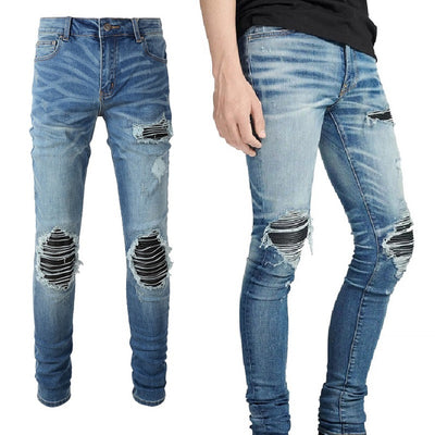 Jeans Vintage Desgastados con Parches de Cuero y Diseño Patchwork para Hombre