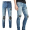 Jeans Vintage Desgastados con Parches de Cuero y Diseño Patchwork para Hombre