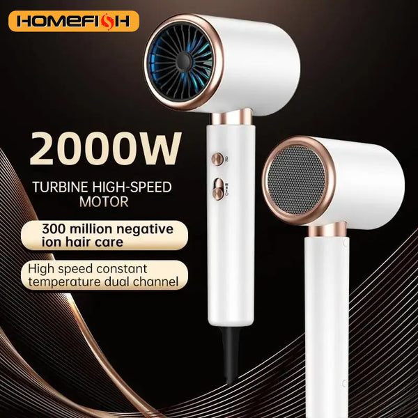 White professional hair dryer with rose gold accents, blue fan, and two control buttons, shown with a US 110V plug and a 360-degree rotating air collector nozzl