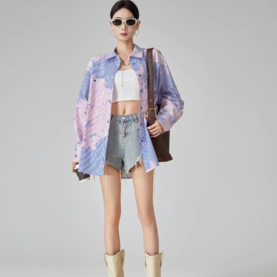 Blusa Suelta de Rayas Azules Estampada para Mujer
