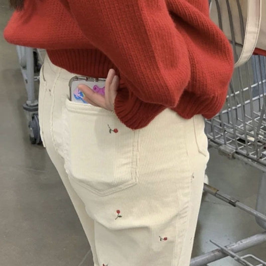 Pantalones Rectos de Pana con Bordado de Cereza - Estilo Retro Casual Cómodo - Image 8