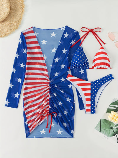 Women's three-piece swimsuit with American flag print, including a halter bikini and a long-sleeved mesh cover-up. - Image 6
