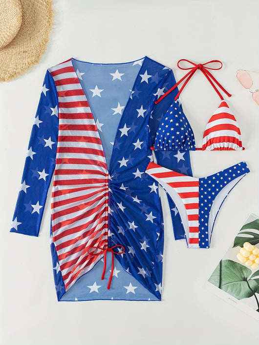 Women's three-piece swimsuit with American flag print, including a halter bikini and a long-sleeved mesh cover-up. - Image 6