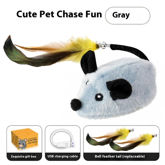 Gray plush electric mouse cat toy with black ears and eyes, featuring a yellow and green feather tail with a bell. Includes a USB charging cable and gift box. - Image 5