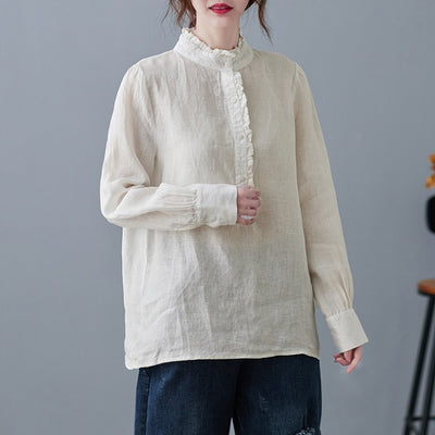 Blusa Retro de Algodón y Lino Talla Grande Mujer Blanca Casual Manga Larga con Encaje - Image 4