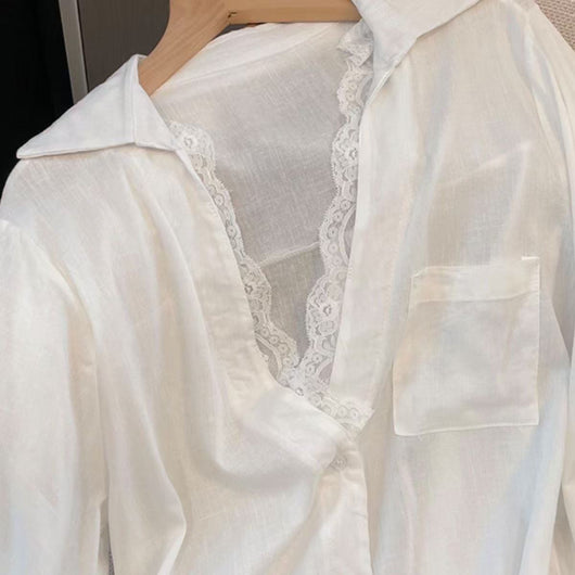 Blusa Larga de Manga Larga con Paneles de Encaje Efecto Dos Piezas - Image 5