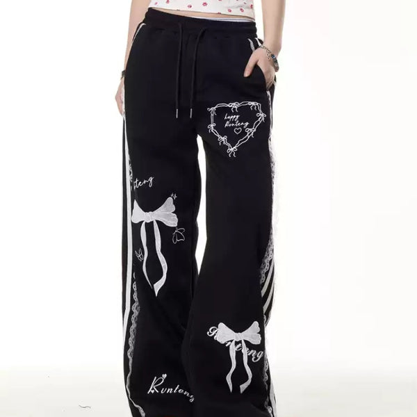 Pantalones Casuales de Verano con Cintura Elástica y Detalle de Moño de Encaje