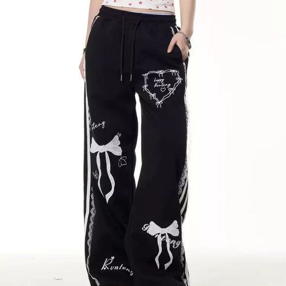 Pantalones Casuales de Verano con Cintura Elástica y Detalle de Moño de Encaje
