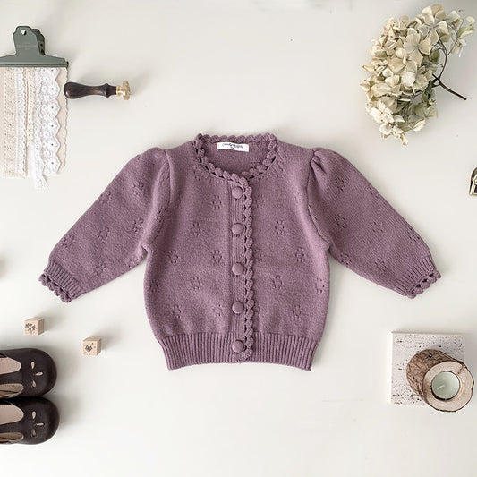 Cardigan Tejido a Mano para Niña Cuello Redondo Suéter Grueso