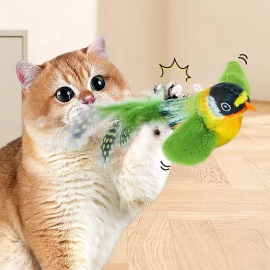 Colorful bird cat toy with green fluffy wings, black head, yellow face, orange beak, and spotted tail feathers. - Image 4
