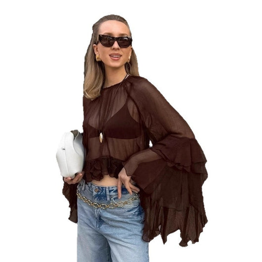 Blusa Semitransparente Suelta Marrón para Mujer - Image 4