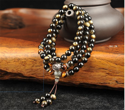 Pulsera de Obsidiana Dorada con 108 Cuentas Buda y Plata Tibetana - Image 5