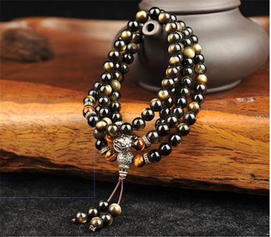 Pulsera de Obsidiana Dorada con 108 Cuentas Buda y Plata Tibetana - Image 5