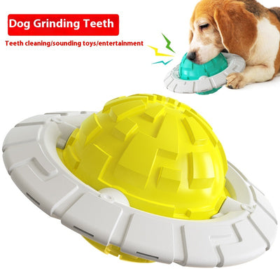 Green and white plastic dog toy with a textured ball center and a flat ring, designed for teeth grinding and sound interaction. - Image 6