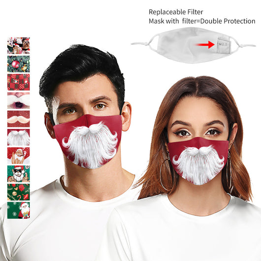 Red glitter protective face mask with a white mustache graphic and black ear loops, perfect for Christmas. - Image 16