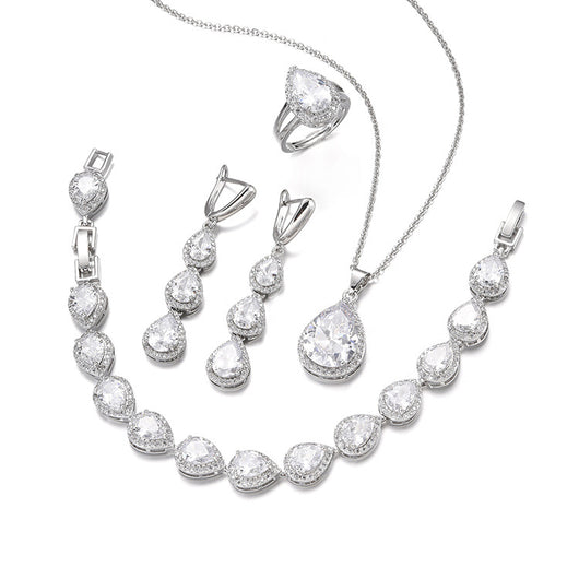Green pear-shaped gemstone jewelry set with necklace, dangle earrings, ring, and bracelet, all with clear stone accents. - Image 12