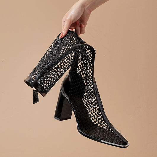 Botas de Tacón Robusto con Malla Trasera y Cierre - Negro - Image 7