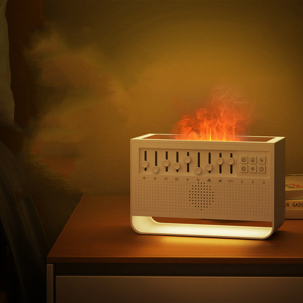 White noise simulation flame aromatherapy machine with multiple sound sliders, control buttons, and a perforated speaker grille.