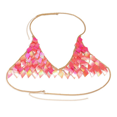 Woman wearing a gold-tone body chain top with iridescent pink and orange diamond-shaped sequins, perfect for beach or festival. - Image 20