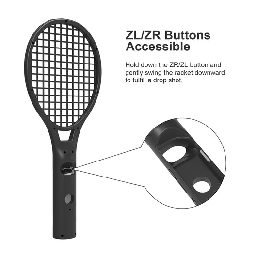 Two black tennis racket controllers for Nintendo Switch, one with a blue Joy-Con and one with a red Joy-Con, both with wrist straps. - Image 9