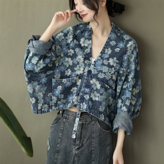 Chaqueta Denim Estampada Mujer Manga Murciélago Suelta - Image 14