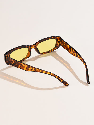 Rectangular tortoiseshell sunglasses with a small frame and dark gray lenses, angled on a white background. - Image 30