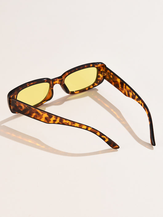 Rectangular tortoiseshell sunglasses with a small frame and dark gray lenses, angled on a white background. - Image 30