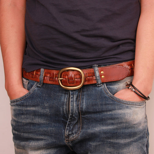 Cinturón de Cuero Tejido Premium para Hombre con Hebilla de Cobre
