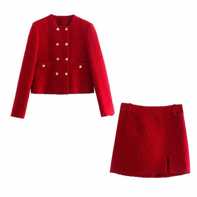 Blazer Corto de Lana Texturizada Doble Botonadura con Falda Plisada - Image 12