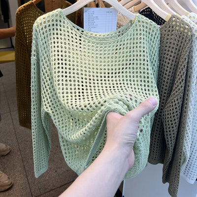 Blusa de Malla Calada Cuello Redondo Manga Larga - Image 10