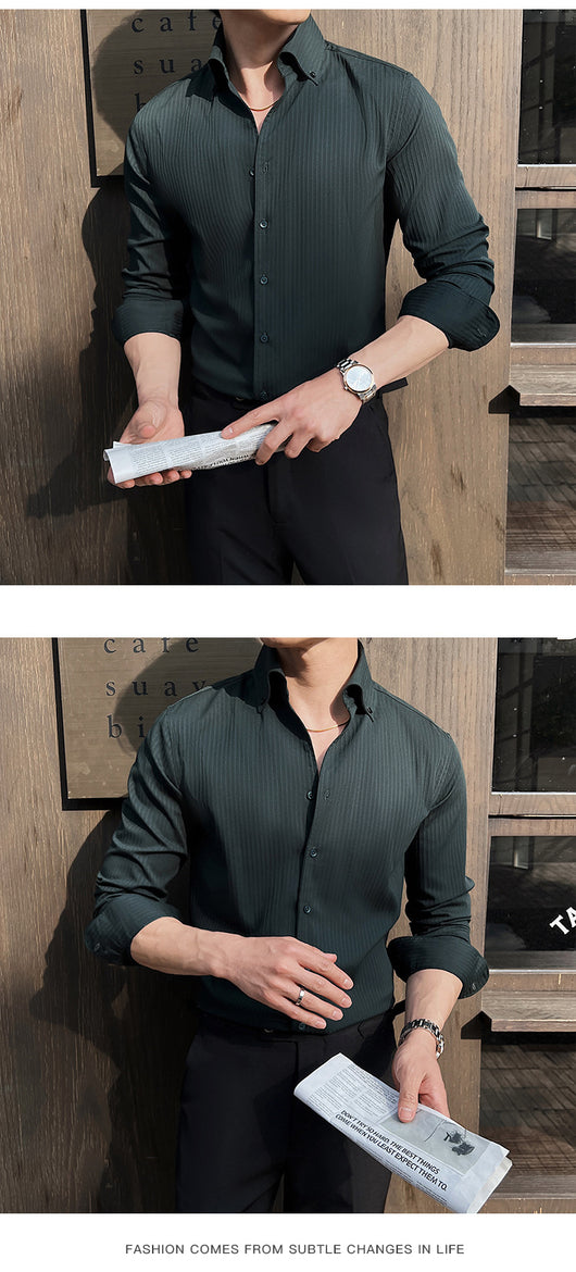 Camisa de Manga Larga con Rayas Oscuras Cuello en V para Hombre - Image 22