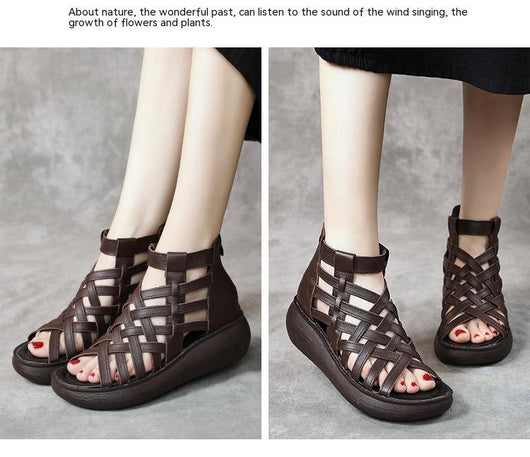 Sandalias Étnicas Retro con Cuña - Botas Tipo Sandalia de Cuero Genuino para Mujer - Image 17