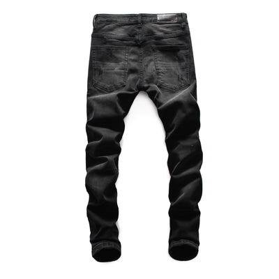 Jeans Slim Fit Negro con Parches Estilo Hong Kong para Hombre - Image 4
