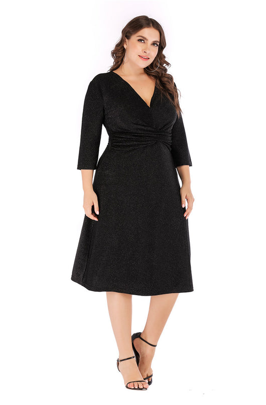 Vestido de Fiesta Midi en Seda Brillante con Escote V y Cintura Alta - Tallas Grandes - Image 17