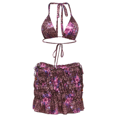 Three-piece bikini set with a brown leopard and pink floral print halter top, matching bottom, and ruched mini skirt. - Image 6