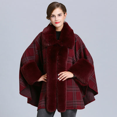 Poncho Cuadriculado para Mujer con Cuello de Pelaje Sintético Zorro - Abrigo Invierno - Image 6