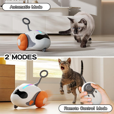 Interactive cat toy with white robotic base, orange wheels, and feather attachment, controlled by a remote, with a cat looking on. - Image 10