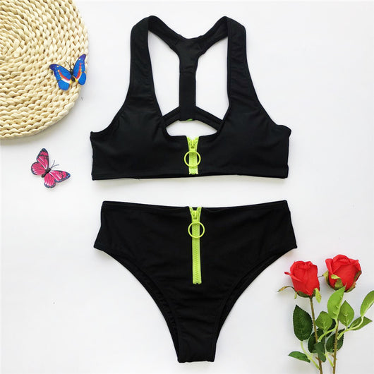 White two-piece bikini with high-neck racerback top and high-waisted bottoms, featuring neon yellow zippers. - Image 13