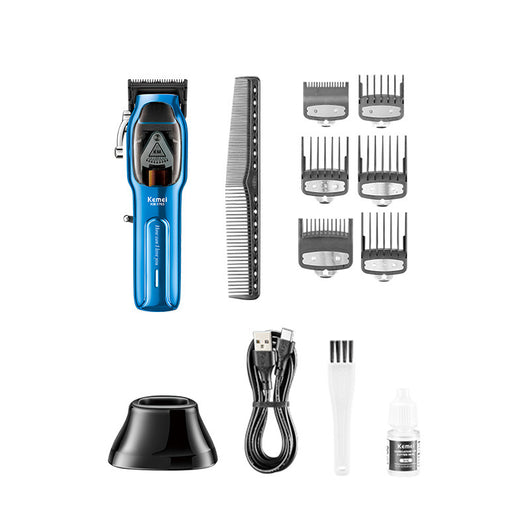 Blue electric hair clipper set with charging base, USB cable, cleaning brush, oil, and six guide combs. - Image 3