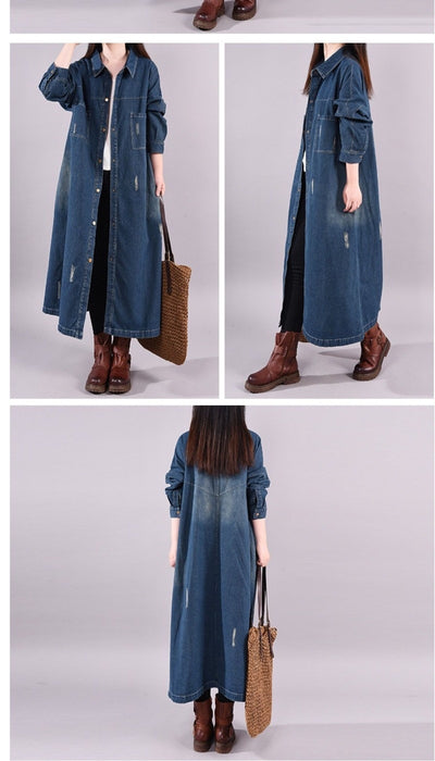 Abrigo Denim Tipo Trench Suelto Retro Desgastado Largo Medio - Image 14