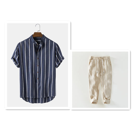 Camisa Casual de Hombre con Cuello Mao y Rayas - Image 11