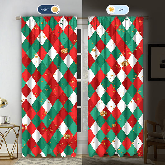 Christmas curtain with a snowy village scene, Santa Claus, flying reindeer, and piles of wrapped gifts. - Image 37